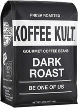 Koffee Kult dark roast whole beans in a 32oz resealable bag for freshness