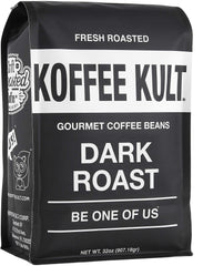 Koffee Kult dark roast whole beans in a 32oz resealable bag for freshness