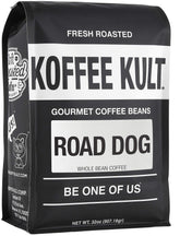 Koffee Kult Road Dog Dark Roast beans show bold flavor and aroma.