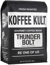 Koffee Kult Thunder Bolt dark French roast bag shows resealable packaging for freshness