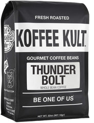 Koffee Kult Thunder Bolt dark French roast bag shows resealable packaging for freshness