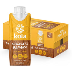 Koia chocolate banana protein shake glass shows creamy texture for post-workout refreshment.