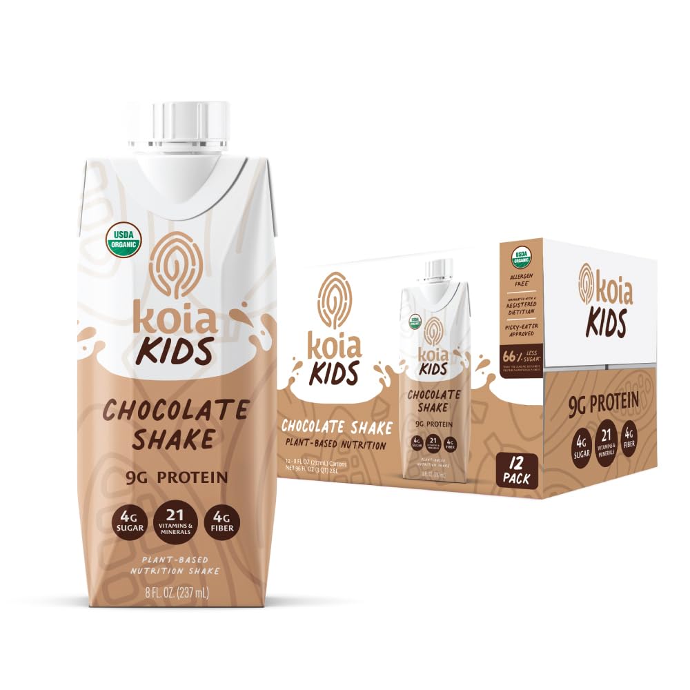 Koia Kids chocolate shake bottle shows a dairy-free, protein-rich snack