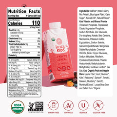 Koia Kids Fruity Cereal bottle side emphasizes 9g protein per serving for growing children.