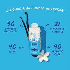 Close-up Nutrition facts panel on Koia Kids Vanilla bottle.