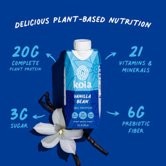 Koia Vanilla Bean shake label closeup highlights plant-based protein.