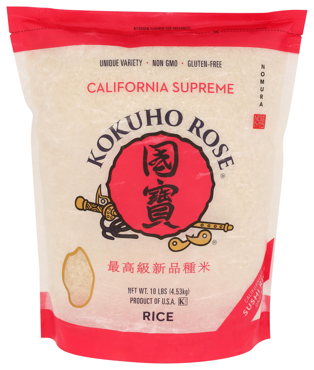 Kokuho Rose Rice 10 lb bag front view for versatile cooking.