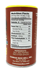 Konriko Creole Seasoning bottle closeup highlighting peppers and garlic.