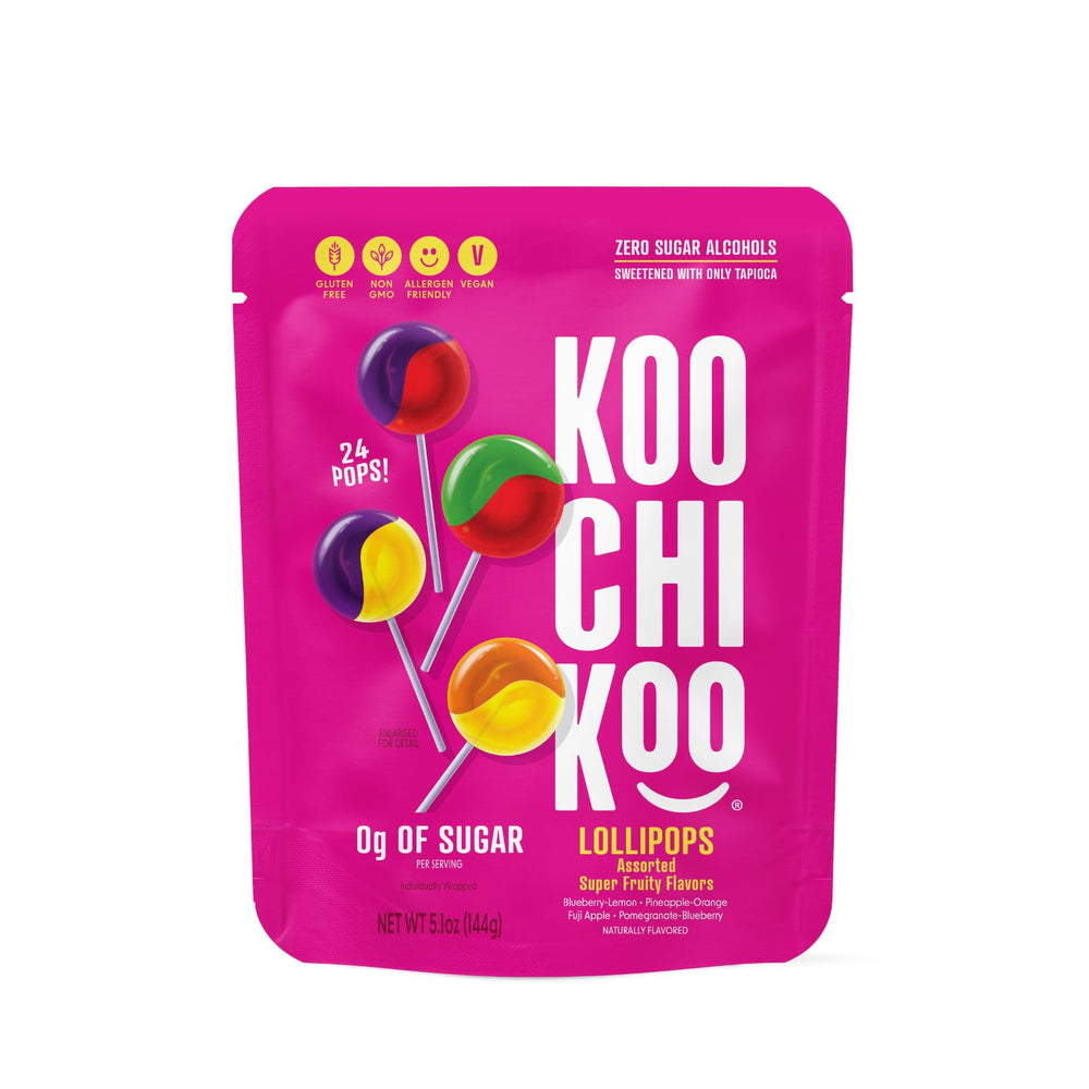 Koochikoo sugar free lollipops packaging displays four fruit flavors for easy snacking.