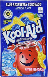 Kool-Aid Ice Blue Raspberry Lemonade envelopes pour into a glass for a refreshing flavor.