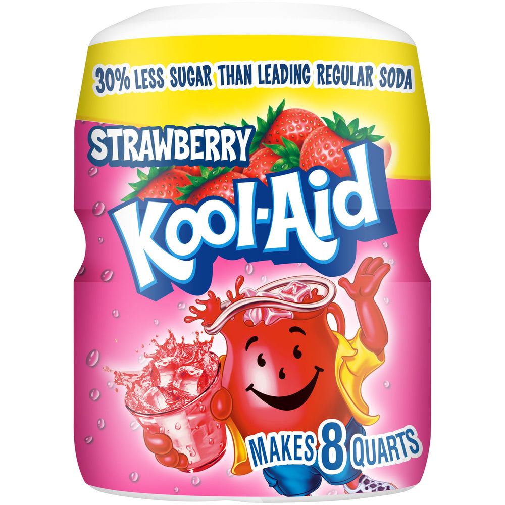Kool-Aid Strawberry Powdered Drink Mix canister ready for family hydration at home