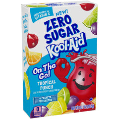 Kool-Aid Zero Sugar Tropical Punch On-The-Go box shown for quick, sugar-free refreshment