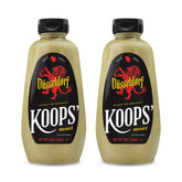 Koops' Dusseldorf Mustard bottle front view, creamy Bavarian flavor for bratwurst