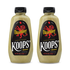 Koops' Dusseldorf Mustard bottle front view, creamy Bavarian flavor for bratwurst