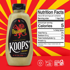 Koops' Dusseldorf Mustard squeeze bottle, convenient for burgers and hot dogs