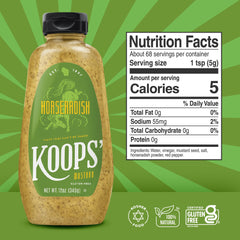 Koops' Horseradish Mustard bottle pour highlights tangy heat for hot dogs