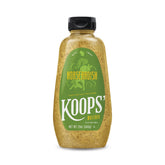 Koops' Horseradish Mustard squeeze bottle adds bold flavor to sandwiches and burgers