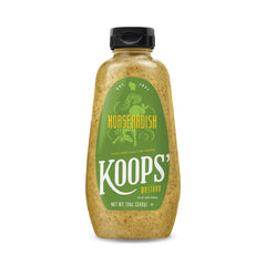 Koops' Horseradish Mustard squeeze bottle adds bold flavor to sandwiches and burgers