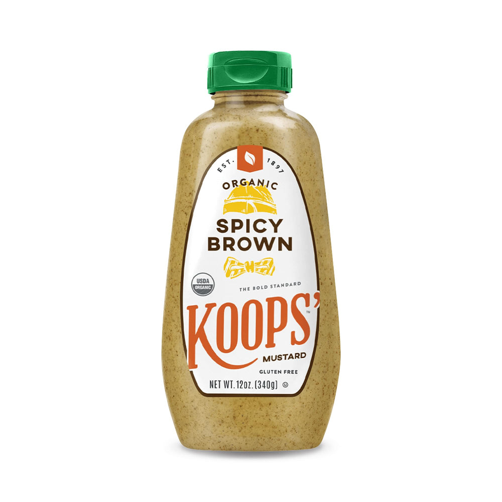 Koops' Organic Spicy Brown Mustard bottle highlighting bold flavor for sandwiches