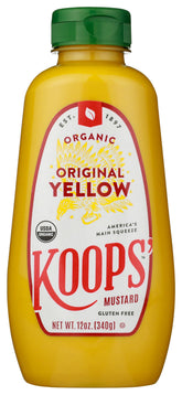 KOOPS' Organic Yellow Mustard bottle front view, ideal for burgers and hot dogs.