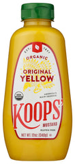 KOOPS' Organic Yellow Mustard bottle front view, ideal for burgers and hot dogs.