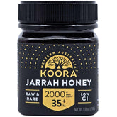 KOORA Jarrah Honey TA 35+ pour bottle highlighting natural energy and immune-friendly use.