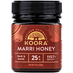 KOORA Marri Honey TA 25+ bottle close-up shows rich amber color and antioxidant-rich profile.