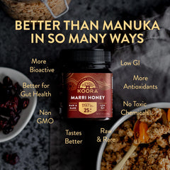 KOORA Marri Honey TA 25+ drizzle on toast highlights a low GI breakfast option.