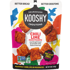 Kooshy Croutons Poco Picante bag shown as pantry staple for zesty salads.