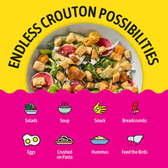 Kooshy Croutons Sea Salt and Black Pepper seasoning on croutons for flavor.