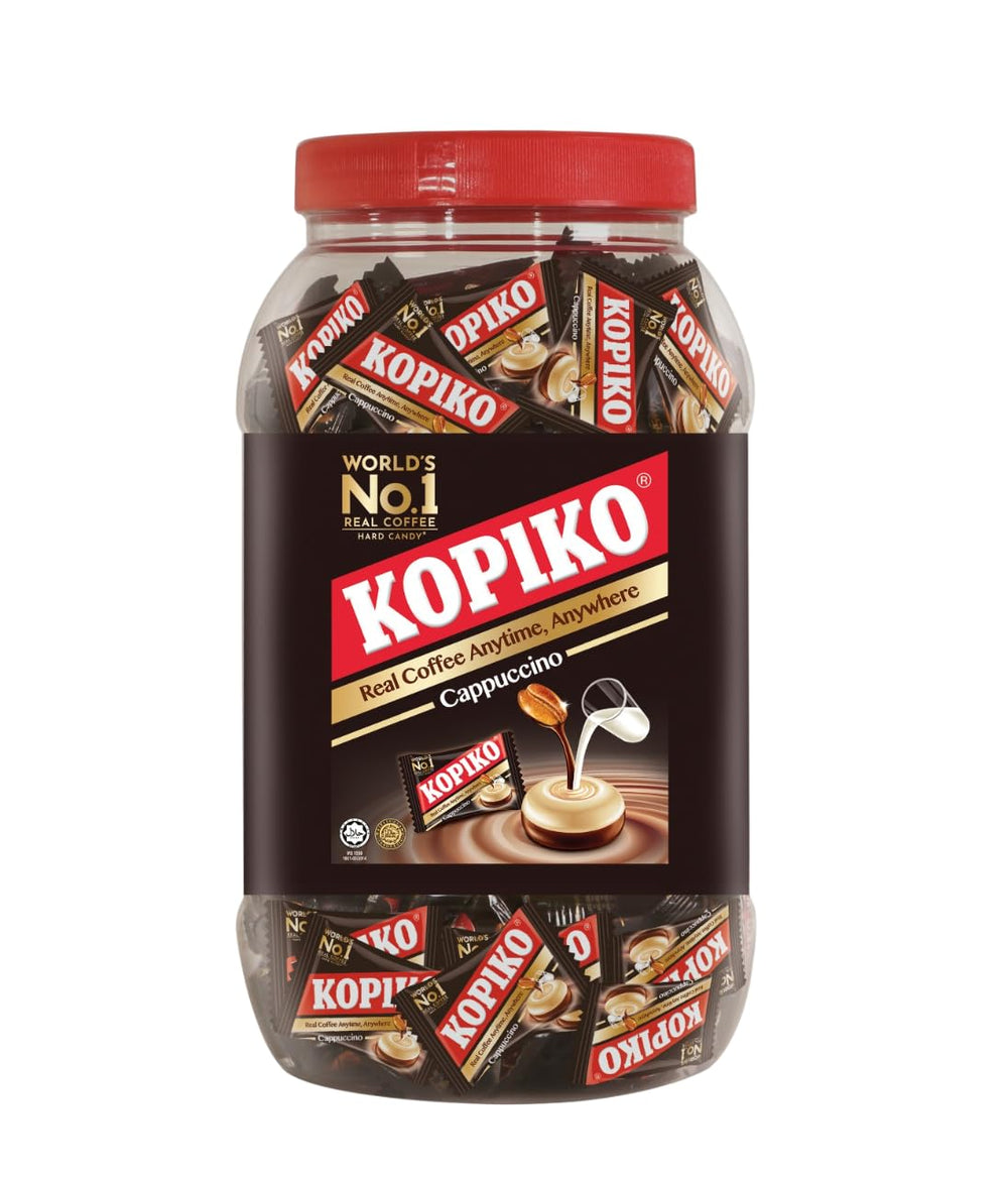 Kopiko Cappuccino Candy jar displaying real coffee extract for a portable energy treat