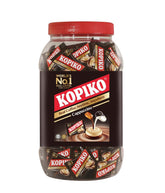 Kopiko Cappuccino Candy jar displaying real coffee extract for a portable energy treat