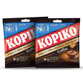 Kopiko sugar-free coffee candy pack front, portable energy on the go.