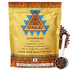 KORACAO sustainably harvested cacao packaging highlights eco-friendly sourcing for everyday rituals.