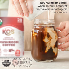 KOS Mushroom Coffee poured into a mug showing smooth froth and aroma.