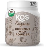 KOS Organic Coconut Milk Powder jar closeup showing creamy dairy-free potential.