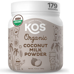 KOS Organic Coconut Milk Powder jar closeup showing creamy dairy-free potential.