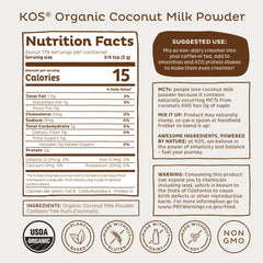 KOS Organic Coconut Milk Powder pours into coffee for dairy-free creaminess.