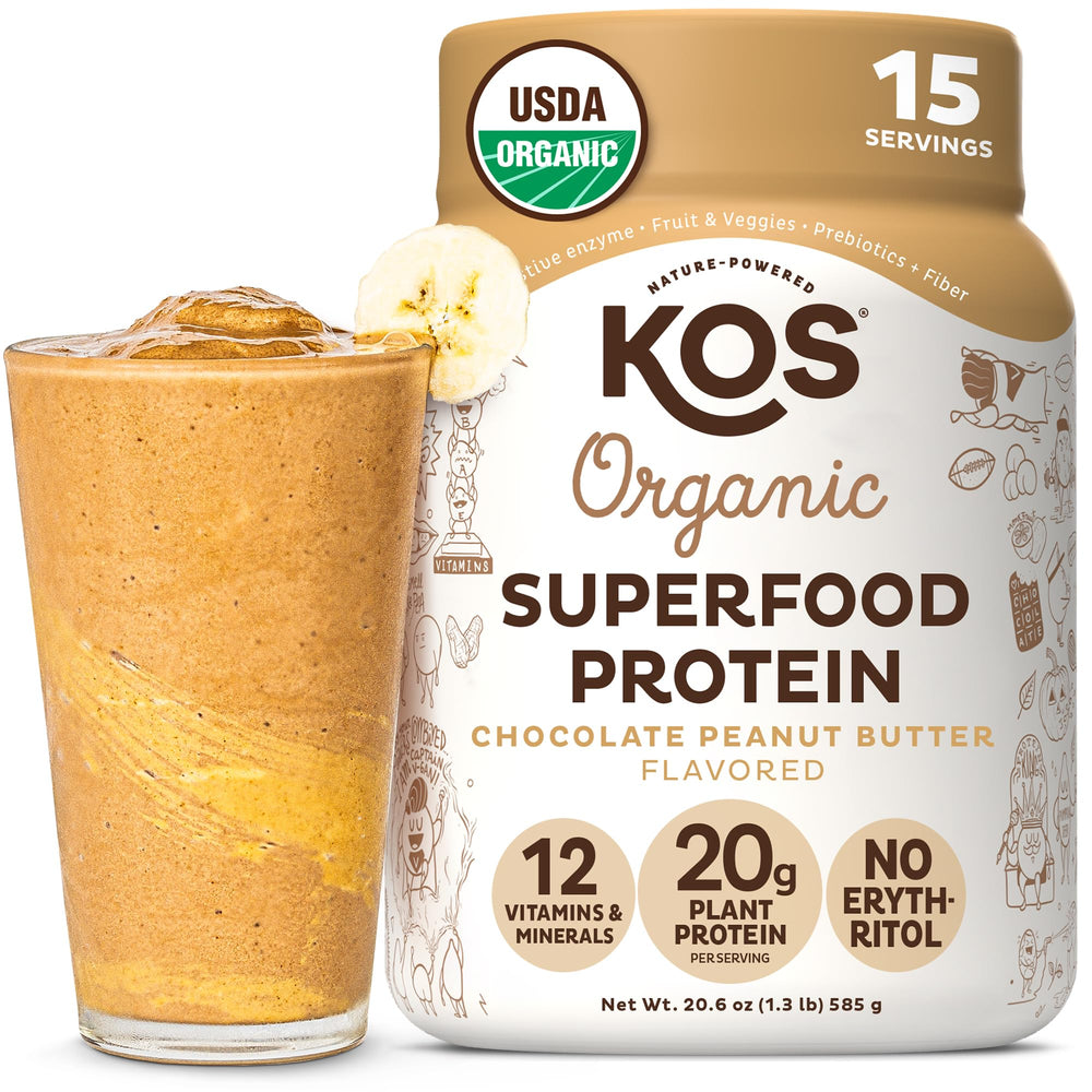 KOS Organic Plant-Based Protein Powder tub open for a tasty vegan shake