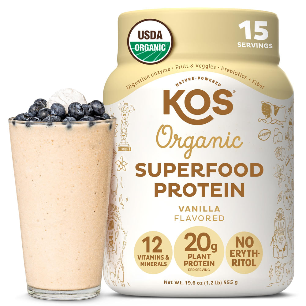 KOS vegan protein vanilla bottle front highlights organic, dairy-free protein for everyday shakes.