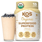 KOS vegan protein vanilla bottle front highlights organic, dairy-free protein for everyday shakes.