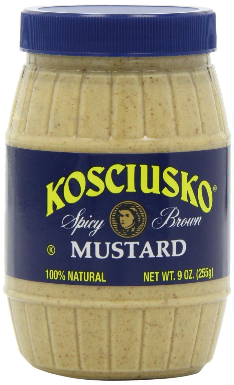 Kosciusko Spicy Brown Mustard bottle, bold flavor for sandwiches and grills.