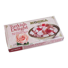 Koska rose lokum pieces in a decorative tray for sharing.