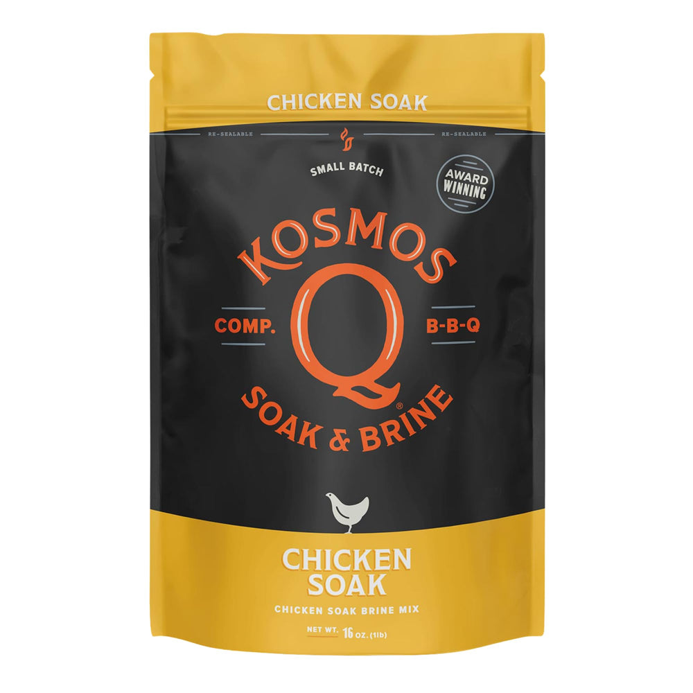 Kosmos Q Chicken Brine Soak package shows spice blend for moist poultry.