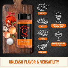 Kosmos Q Cow Cover on steak during grilling delivers robust flavor