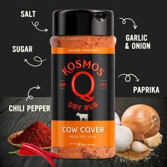 Kosmos Q Cow Cover rub coating on beef ready for grill or smoker