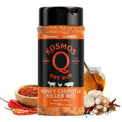 Kosmos Q Honey Chipotle Killer Bee dry rub bottle pouring for even coverage