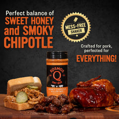 Kosmos Q Honey Chipotle Killer Bee rub shaker close-up ready to sprinkle