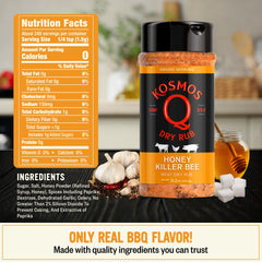 Kosmos Q Honey Killer Bee BBQ Rub shaker-dispense for even coverage on grills