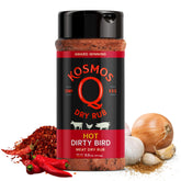 Kosmos Q Hot Dirty Bird bottle label, bold smoky blend for grilling